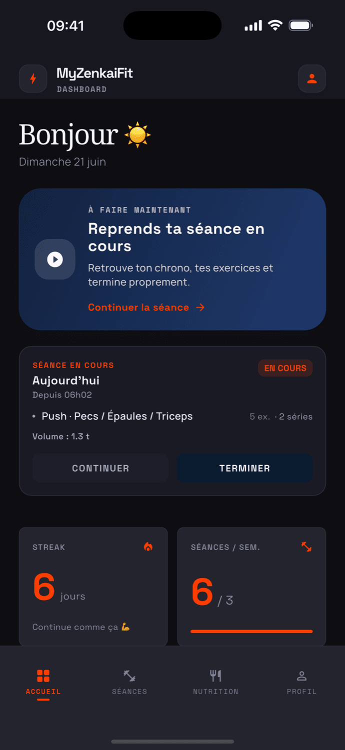 Tableau de bord de l’application MyZenkaiFit